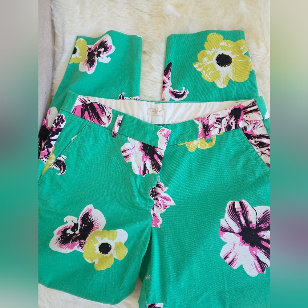 J.Crew Stretch Green Floral Print Chino Skimmer straight Leg  Garden Party Sz 8